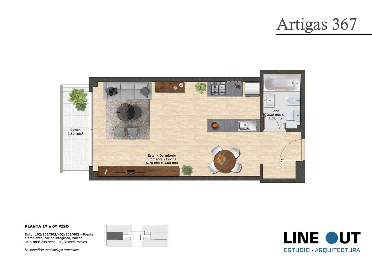 PLANTA 1º a 6º PISO - Dpto. 102/202/302/402/502/602 - Frente