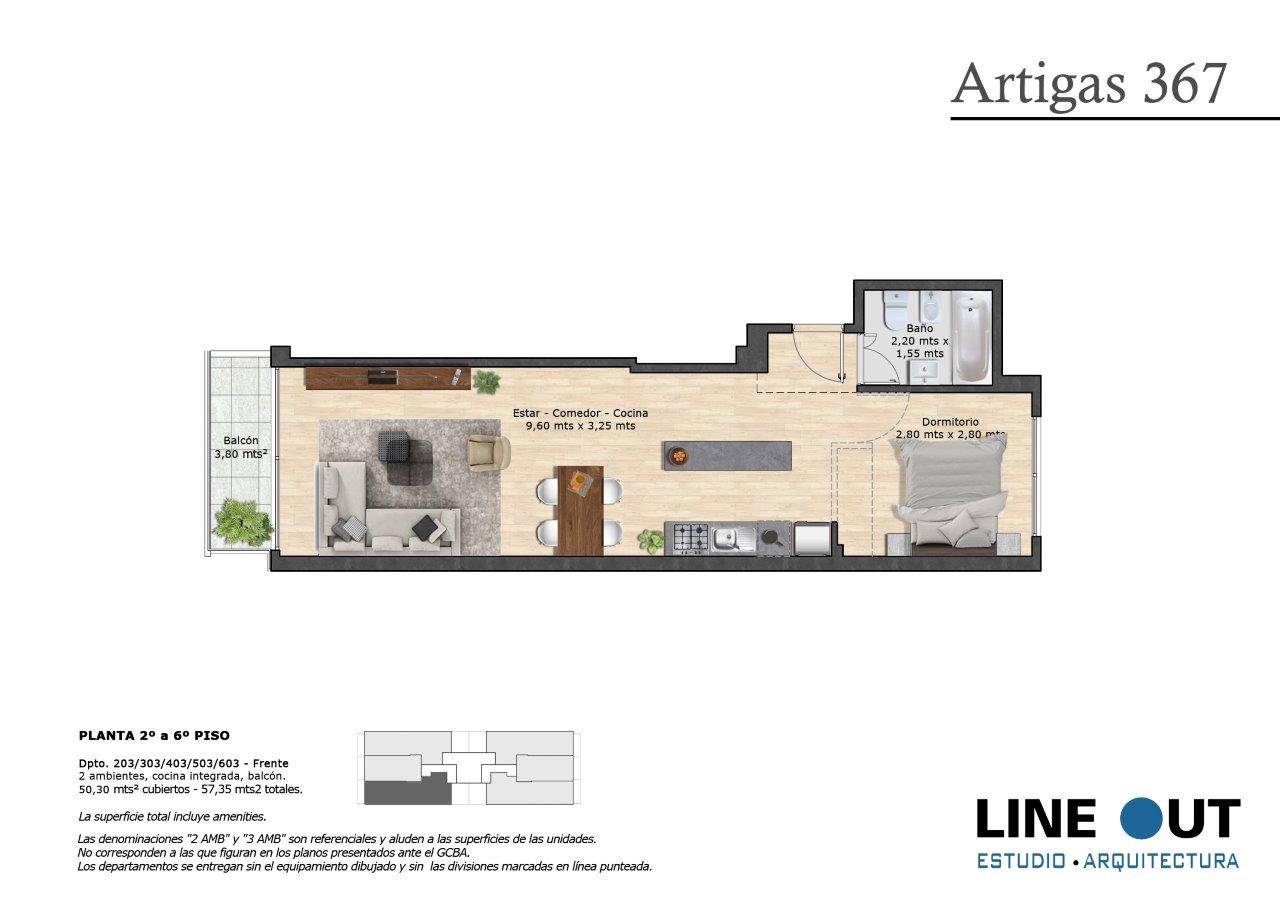 PLANTA 2º a 6º PISO - Dpto. 203/303/703/503/603 - Frente