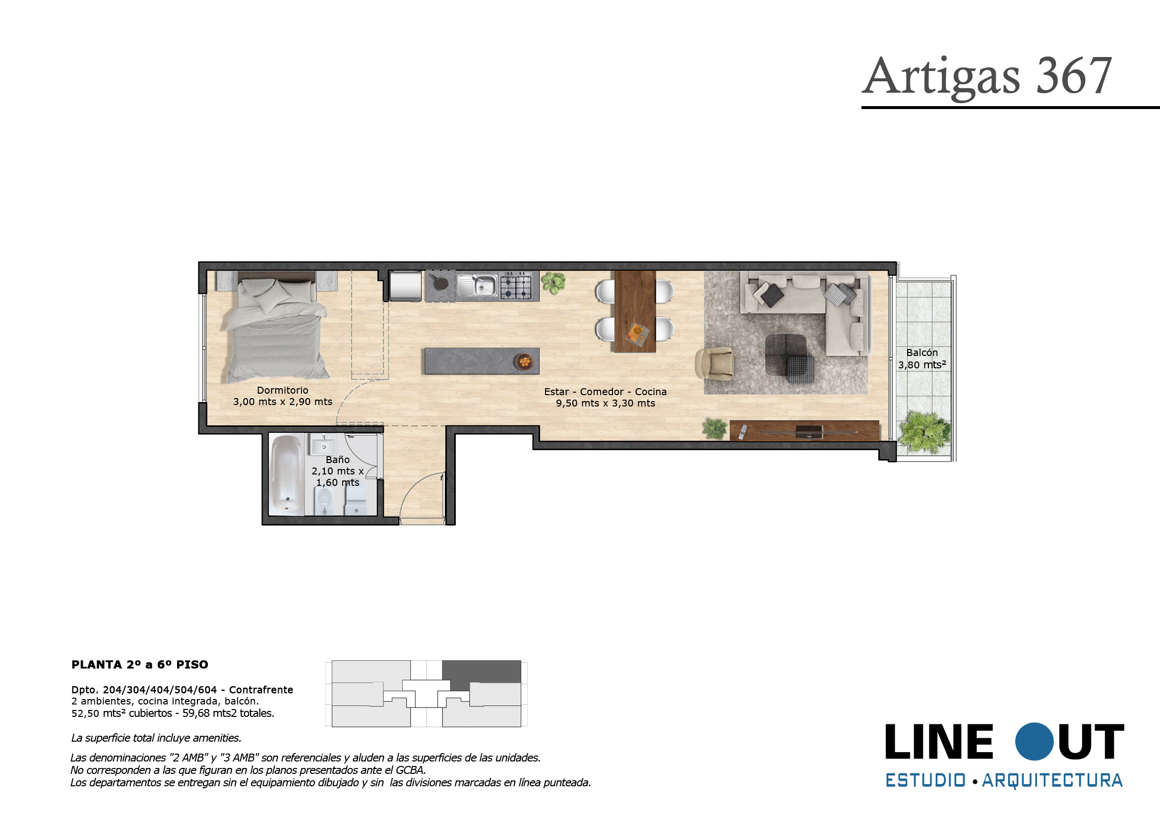 PLANTA 2º a 6º PISO - Dpto. 204/304/404/504/604 - Contrafrente